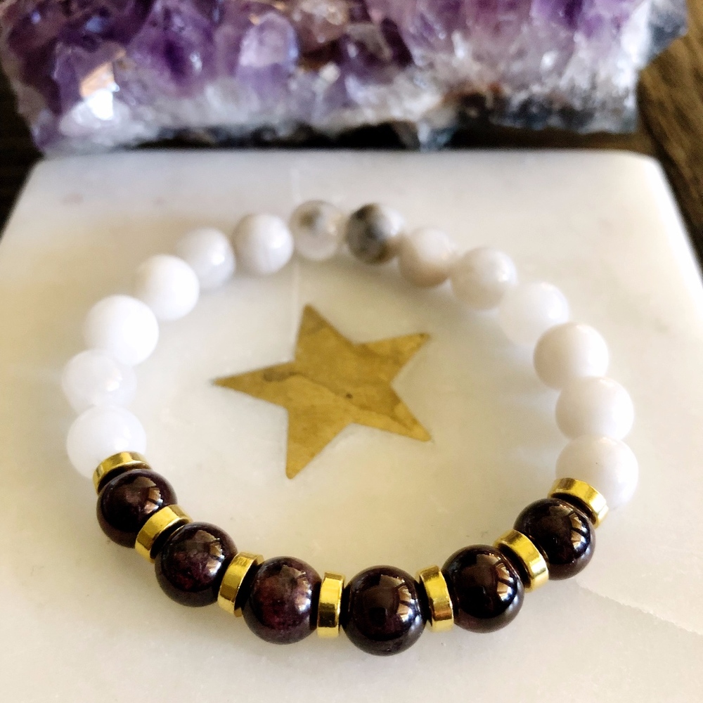 Garnet Moonstone Mala Bracelet